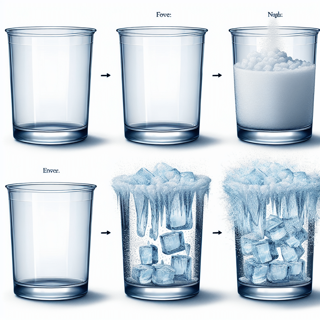 An image demonstrating the process of the 'Water into Ice Instantly' trick without featuring any individuals. The image showcases a clear container filled with liquid water on the left-hand side. The center of the image shows the same container lightly shaken, with the water starting to crystallize. On the right-hand side, the image displays the final result: the formerly liquid water transformed into a solid state of ice within the same container. Everything in the image is unbranded and devoid of textual information.