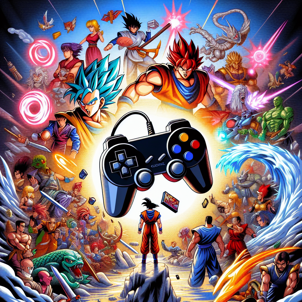 Generate an image capturing the essence of a popular, early 2000s fighting game related to a globally renowned anime involving powerful warriors. The image should suggest game cheat codes and hidden features. Picture a classic console gaming controller floating in a background resembling a game world filled with vivid colors and stunning landscapes, largescale energy blasts, and iconic items related to the warriors such as distinctive hairstyles, costumes, and power-enhancing objects. Do not include real-world brand names, logos, any form of written text, or human figures in the image.