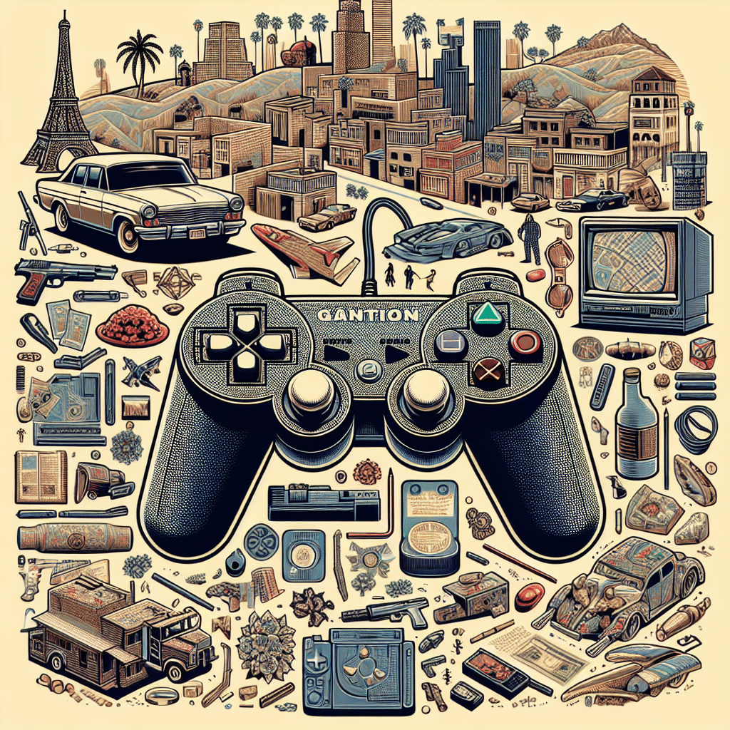 An intricate image inspired by the 'Grand Theft Auto San Andreas' game, but without any identifiable brand names or logos. The image should highlight key aspects of the game, such as a vintage game controller, a three-dimensional representation of the fictional city based on the game's geography, and various elements associated with the game, like vehicles, resources, and hidden locations. However, there should be no recognizable people or text in the image.