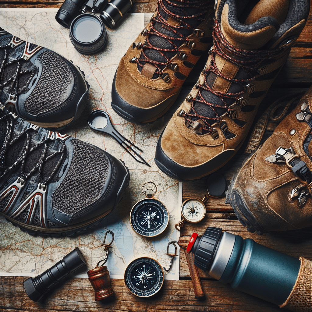 A detailed high-angle view of hiking boots and trail running shoes side by side on a rustic wooden surface, surrounded by other outdoor essential items like a compass, sunglasses, a water bottle, and a map. Both pairs of footgear appear to be ready for an outdoor adventure, reflecting a rich contrast between their features and functions, however, no people, text, brand names or logos are present in the scene.