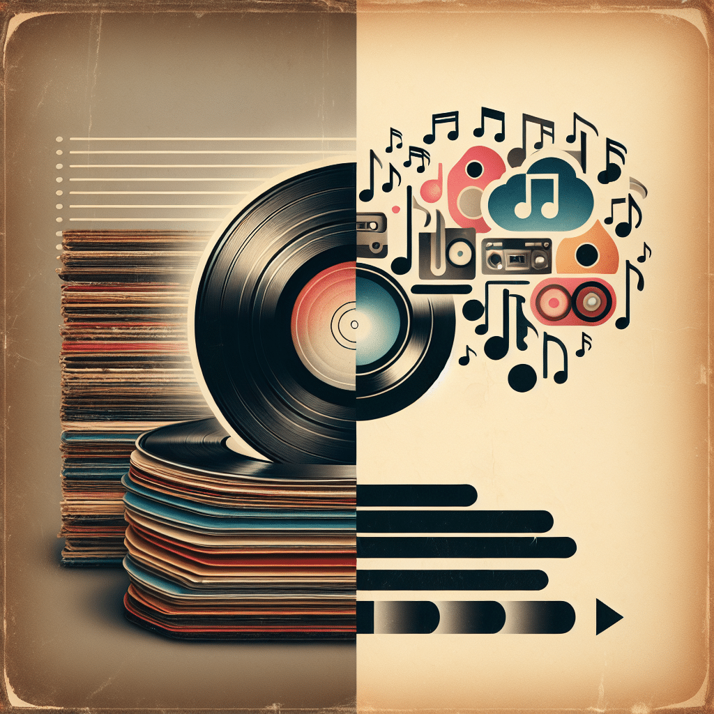 An abstract depiction of vintage vinyl records contrasting with an icon symbolizing music streaming. On the left side of the image, visualize old-fashioned vinyl records stacked up, illustrating an aura of nostalgia. Depict the grooves and texture of the vinyls prominently, and make the record labels a neutral color without text. On the right side, represent the modern era with a digital cloud emanating music notes, symbolizing streaming services. Between both elements, showcase a clear demarcation indicating the shift from physical to digital music. Employ a retro color palette to emphasize the theme.