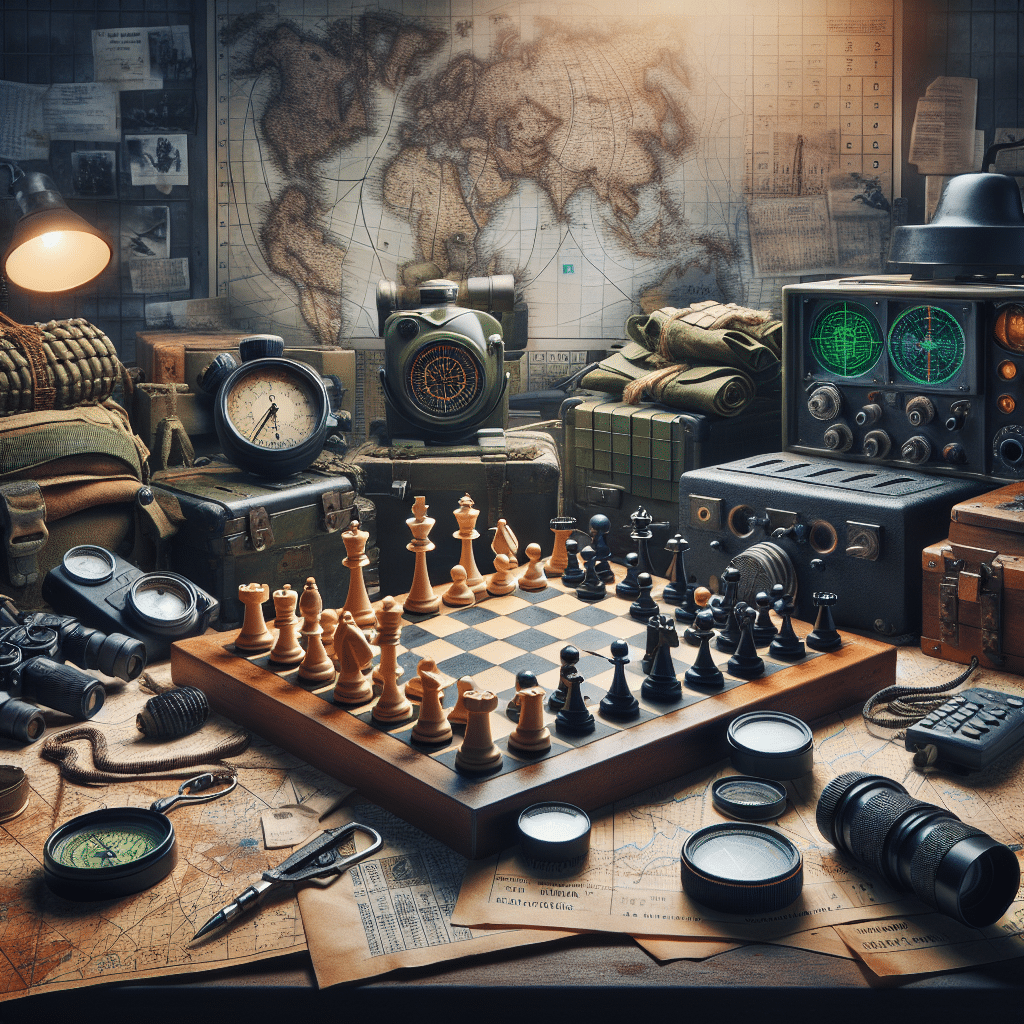 A complex image representing military strategies, without any specific countries associated nor text. We see a chessboard on a table, with chess pieces strategically placed, in the middle of a war bunker. The chess pieces and their positions are symbolic of military strategies. Additionally, various military maps with colorful markings are spread around, alongside tactical gear like compasses, radios, binoculars, and secret code sheets. An unfocused background features radar screens and old-fashioned communication devices. No human figures, text, brand names or logos are present in this scene.