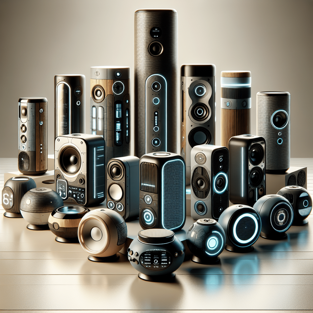 A futuristic view of various innovative Bluetooth speakers indicative of the year 2024. The speakers should range in design, from tall and slim shapes to compact and spherical forms. They flaunt a variety of interesting features like touch-sensitive control panels, led light displays, and water-resistant exteriors. Each speaker should have unique and distinct stylistic elements, such as metallic finishes, rustic wooden influences, or sleek, glossy plastic. Include details like visible speaker grills, volume knobs, and charging ports, but remember, no logos or brand names are to be depicted. The background of the image should consist of a minimalist setting with a neutral color palette to keep the focus on the speakers.