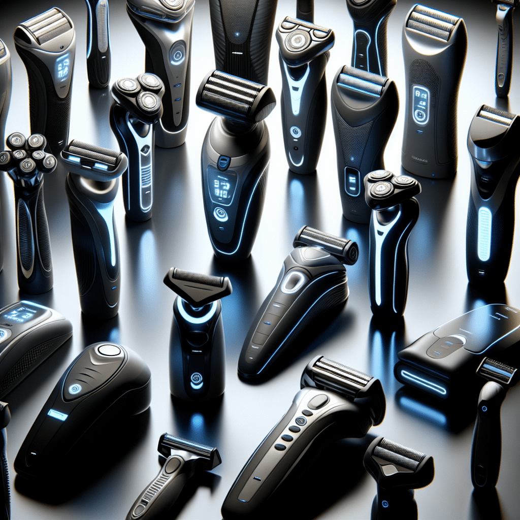 Depict a futuristic vision of an array of modern electric shavers. The shavers should have sleek, innovative designs, featuring a variation of shapes and sizes with stand out features such as LED displays and ergonomic handles. Some shavers could be corded while others are cordless, giving an impression of diversity in power options. Also include some that are self-cleaning and others with multi-flex heads. They should all be arranged on a simple yet stylish surface strictly without any text, brand names or logos. The use of reflections and other sophisticated lighting techniques can be incorporated to portray these items as the best of their kind.