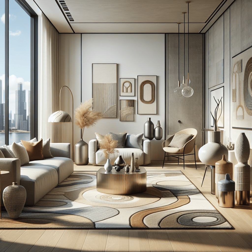 Visualize an interior home setting hinting at high-street fashion influence without featuring any brand names, logos or people. The room should exhibit a contemporary design aesthetic, filled with minimalist furniture pieces in neutral tones. Focus on the living room area, add a modern sofa, a sleek coffee table surrounded by an abstract rug in colors like beige or grey. On one side, add an accent chair with a stylish floor lamp. Complete the scene with tasteful decor items like ceramic vases, metallic sculptures, and abstract art pieces hanging on the wall. Natural light should filter in from large windows overlooking a cityscape.