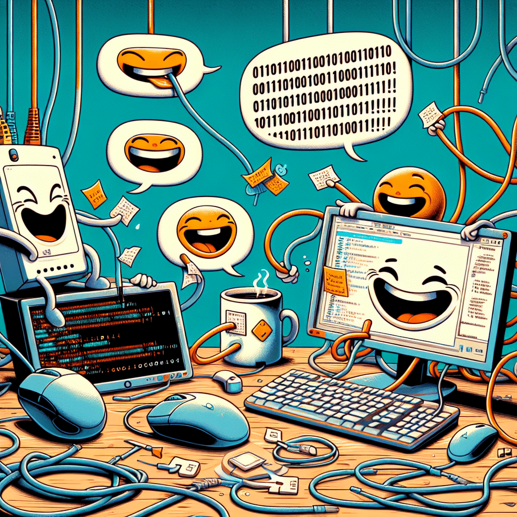 Illustration of a whimsical tech-themed environment: A computer mouse and keyboard are laughing humorously at a pair of tangled Ethernet cables next to them. A smiling computer terminal is holding up a comic strip filled with binary code humor, while a software window chuckles at error messages floating in the air. A desktop monitor shows pieces of light-hearted code on its screen, indicating an amusing conversation between software programs occurring while a coffee mug filled with a digital beverage sits next to it, giggling at the scene. All situated on a desk filled with wires playfully forming patterns of circuitry. No text, labels, or people are present in the scene.