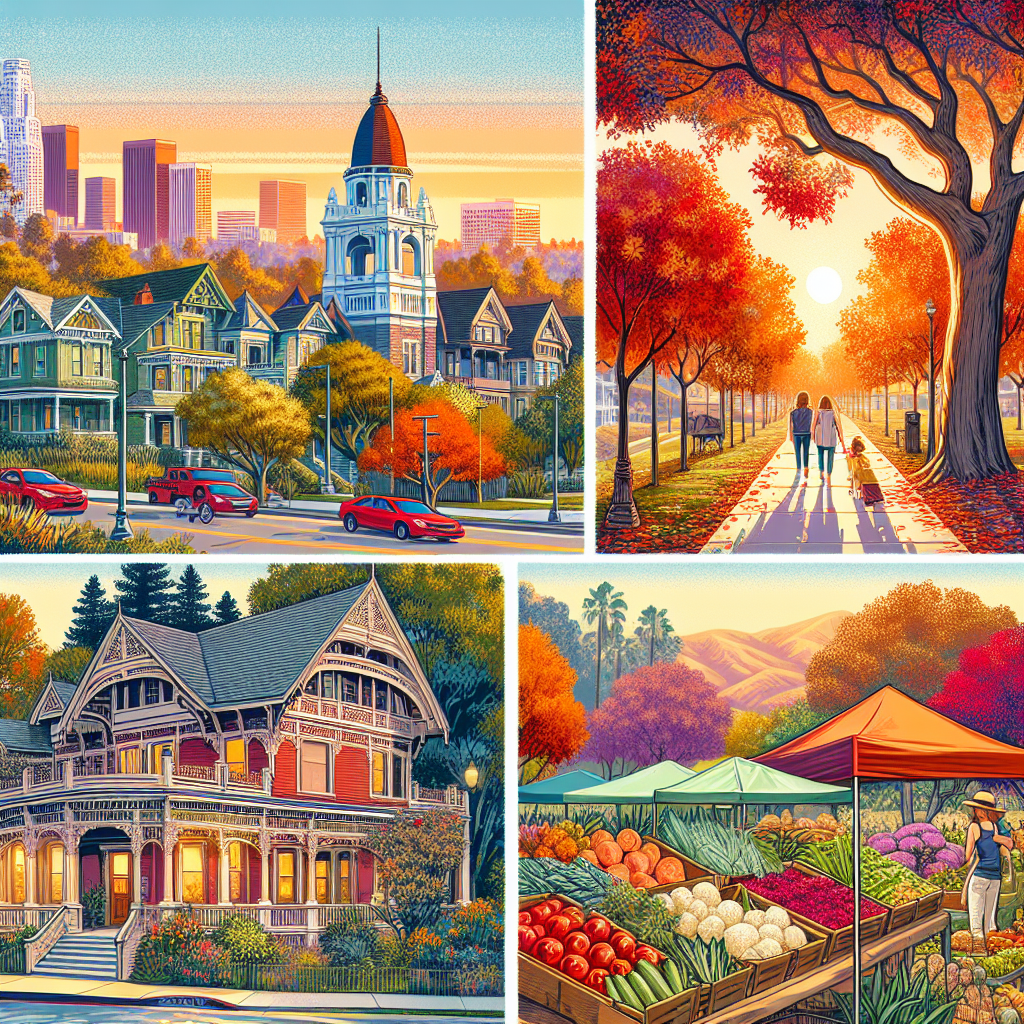 Illustrate the attractions of South Pasadena, California, without including any brand names, logos, text, or people. Showcase the city's historical architecture, serene walking trails, and picturesque parks. Include visual elements like a vibrant sunset over charming Victorian houses, a path winding through richly colored autumn leaves in a park, and a local farmers market with a bounty of fresh produce.