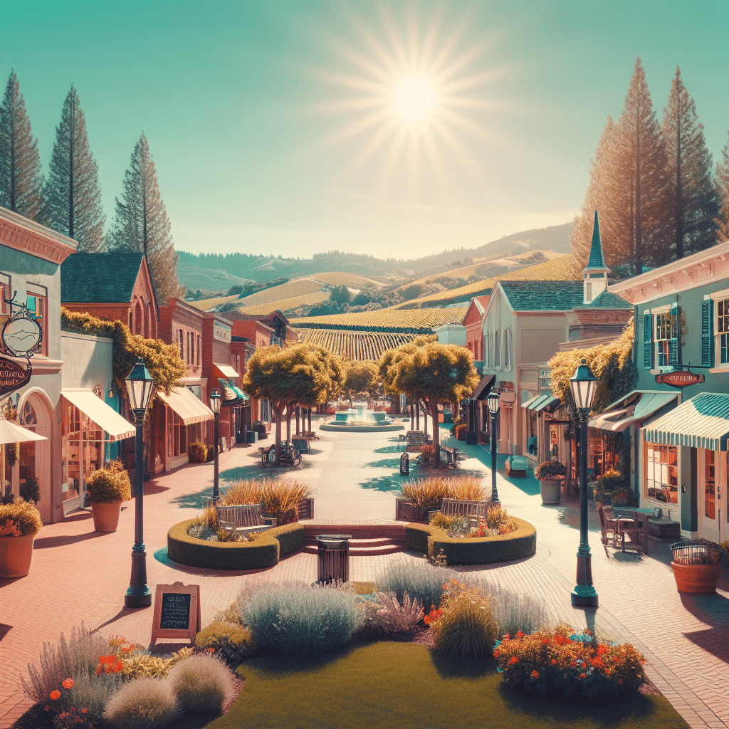 Picture the quaint small town of Yountville, California without any humans. The scene includes boutique shops and eateries lining the streets, all with generic signage. Napa Valley vineyards fill the background, basking under a clear blue sky and a radiant sun. Typical Californian flora, such as palms and bright flowers are visible throughout. In the foreground, there's a serene park with a winding brick path and wooden benches. The architecture is traditional and charming, with small details like wrought iron lanterns and pastel-colored facades. The whole scene excluding any visible text or brand names.
