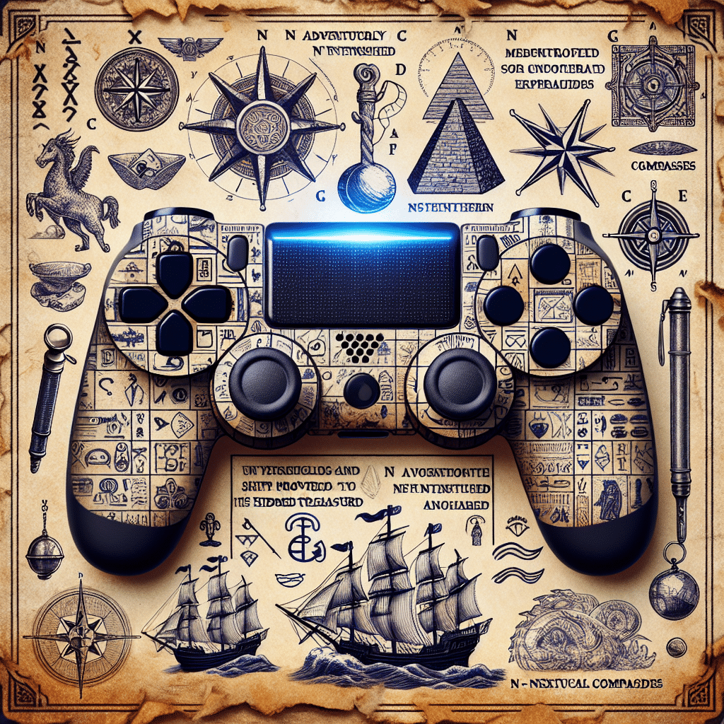 An image of a mystically-themed, unbranded video game controller that is designed with adventurous, unfinished maps and come with hidden treasures. There are a series of enigmatic symbols like hieroglyphs, scripts and glyphs, reminiscent of an archaeological site, provided without any textual explanations. The image also incorporates reminiscent elements of high sea adventures with the hint of vintage sailing equipment such as non-branded telescopes. and non-textual compasses. Please note, there are no video game characters or brand names integrated into this image as per the request.