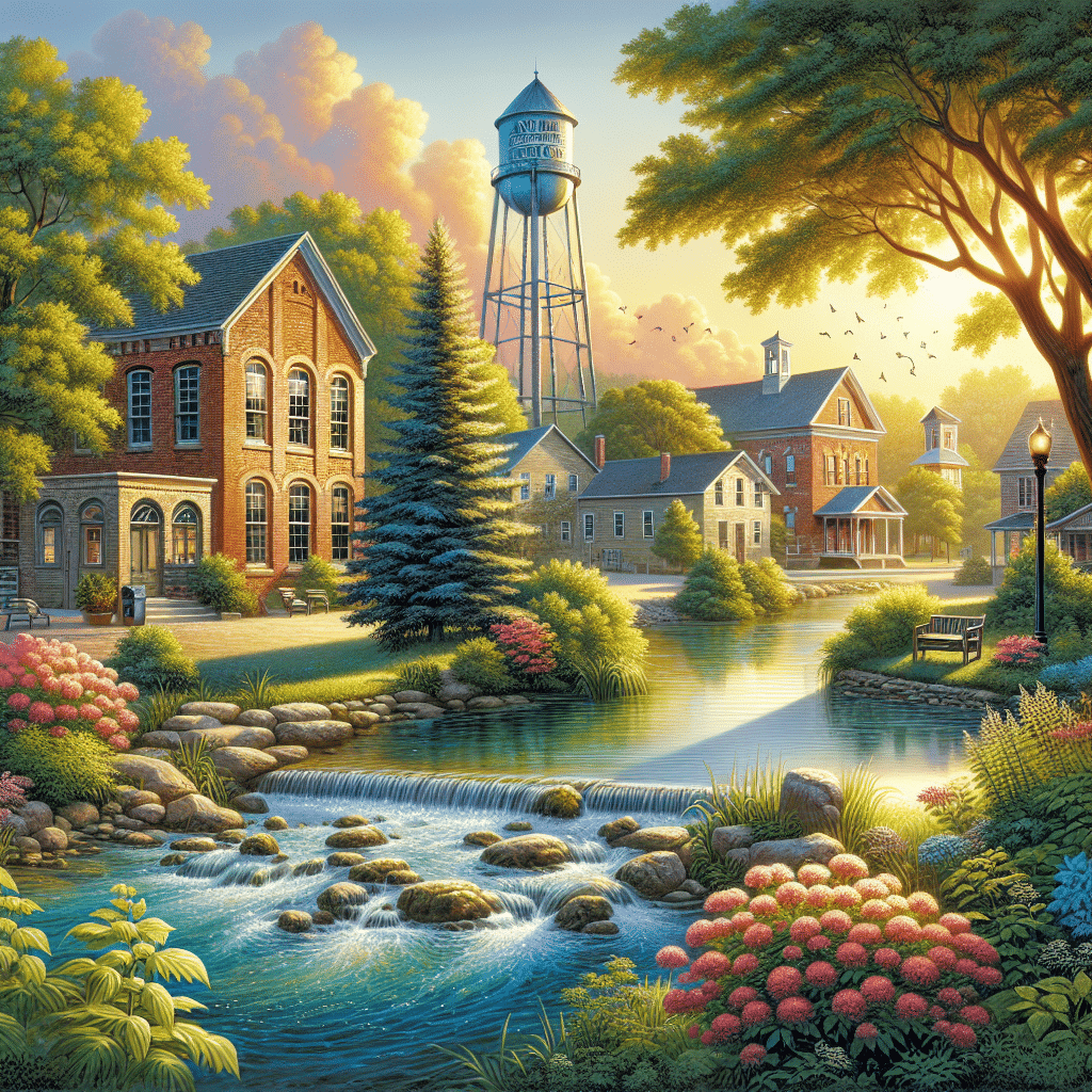 A serene representation of the rural midwestern town Ash Grove in Missouri. Illustrate a beautifully sunlit morning in a quiet part of the town, showing the charm of Ash Grove. The image should include a rustic old brick building, possibly representing a historic site. Include lush green parks with blooming flowers; tall, majestic trees providing ample shade. Display a peaceful river, gently flowing over rocks, encased in verdant foliage. Add the warmth of a setting sun casting long shadows from the iconic water tower. Ensure that no brands, logos, or people are depicted within this idyllic landscape.