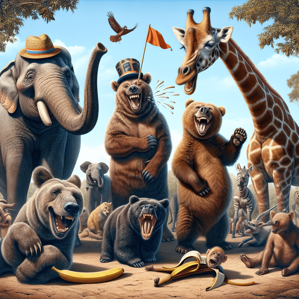A jovial scene at a zoo, devoid of human presence. Show a medley of amicable animals, such as an elephant wearing a comedian's hat made of palm leaves, a bear laughing while his paw is on his stomach, a giraffe with a big smiling expression and a monkey playfully swinging from a tree. Must have a sunny, cheerful atmosphere. Please include elements of classic visual humor like a banana peel on the ground and a hyena laughing uproariously. Avoid any brand names, text, logos, and people. The image must be filled with joy and amusement, capturing the spirit of a good, kid-friendly joke without any written content.