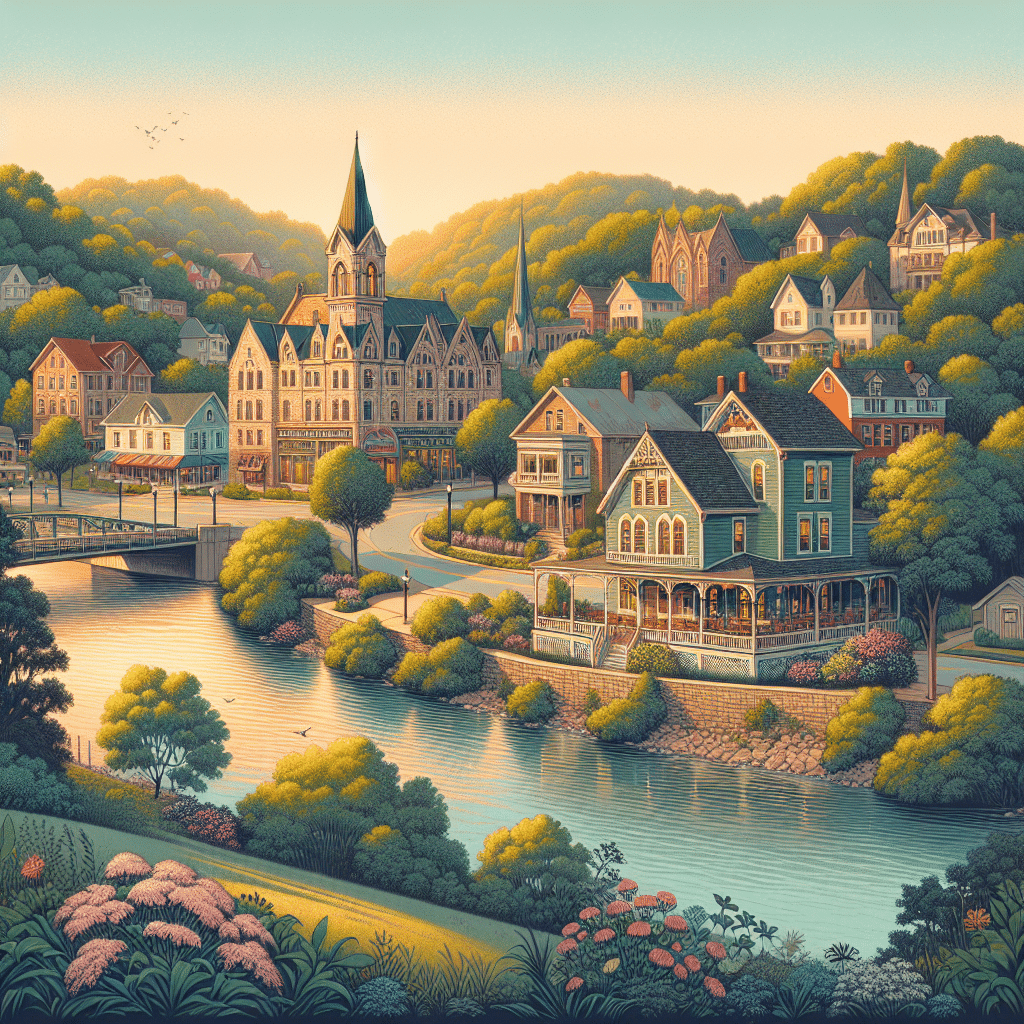 Illustrate an image showcasing the enchanting charms of Excelsior Springs, Missouri. Specific features should include a panoramic view of the small town embraced by lush greenery. Highlight the notable historic architecture, with quaint houses and characteristic buildings. The crisscross streets and winding roads should be subtly bathed in the soft, warm hues of a setting sun. Additionally, feature natural attributes like rolling green hills, dense forests, blooming flowers and the gentle river flowing quietly. Exclude any human presence, text, brand names, and logos from the image.