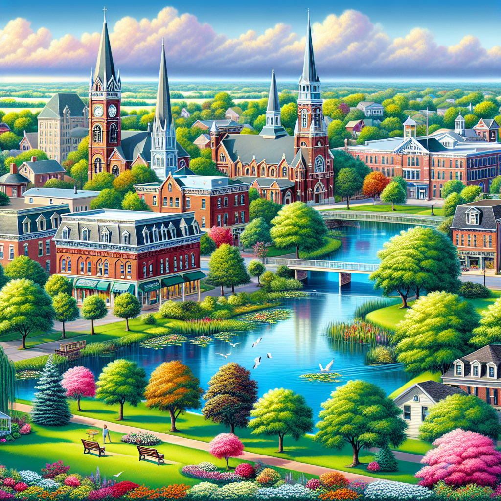 An idyllic representation of Florissant, Missouri without any human figures. Feature the outdoor natural beauty, including lush green parks, serene bodies of water, blooming flowers, and vibrant trees. Highlight architectural elements such as vintage brick buildings, church spires, and distinct roofs, but without any brand names or logos. Emphasize the city's charm with vivid colors, solid under an expansive blue sky. Ensure there's no text or any human figures in this tranquil scene.