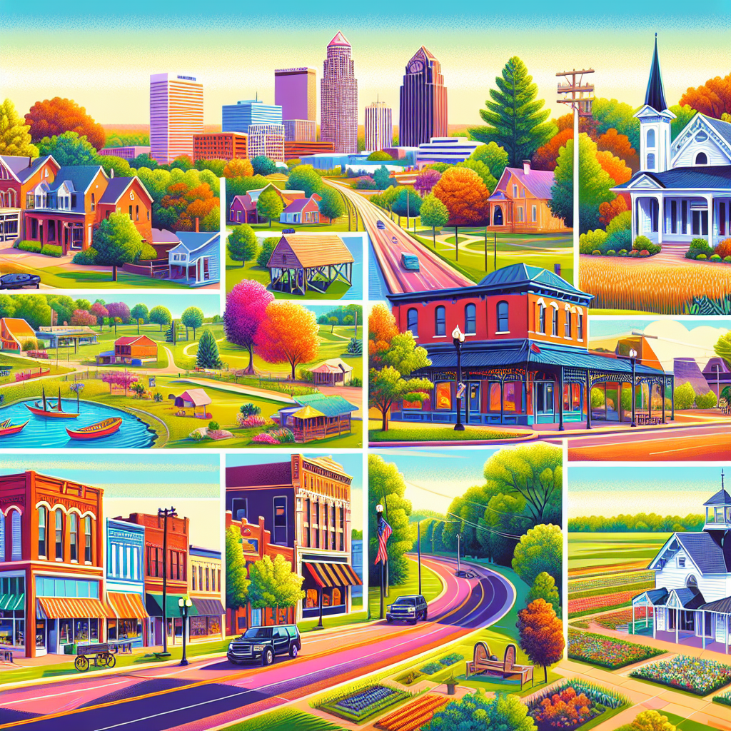 An image capturing the spirit of Memphis, Missouri without any text or branding. The image is a vivid daytime landscape featuring iconic landmarks like charming local shops, lush, green parks or agriculture, historical architecture, and the peaceful roads of the town. Each component is depicted in lively color to give a sense of the vibrant atmosphere in Memphis, Missouri. There are no people or brands present in the scene.