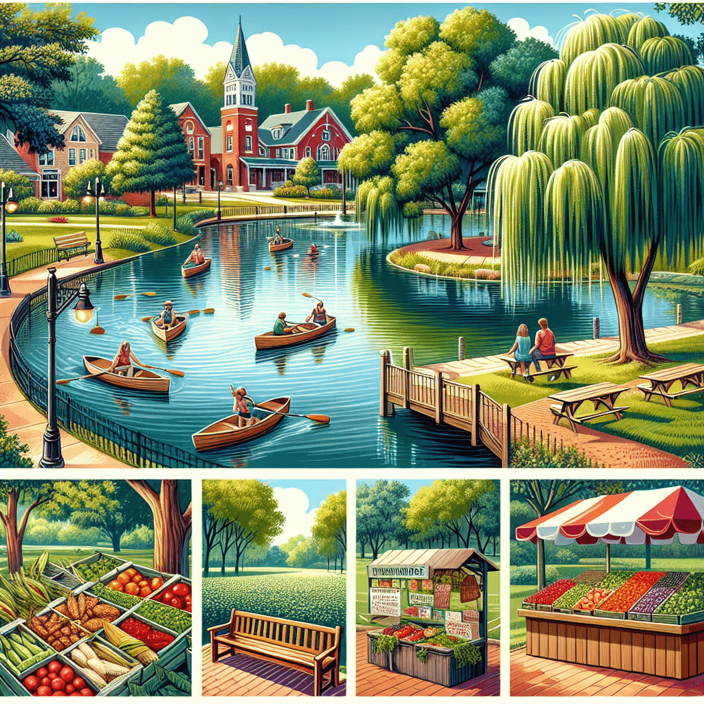 Show a tranquil scene of Olivette, Missouri, featuring the town's distinctive charm but without any people or brands. Capture the small-town vibe with elements such as red brick-style buildings, lush green parks, and the serene beauty of Indian Meadows Park. Highlight activities such as hiking trail outlined by mature trees, paddle boating on a serene pond surrounded by weeping willows, and a picnic area equipped with wooden park benches and tables. In addition, include an inviting farmers market displaying flourishing local produce like corn, tomatoes, and pumpkins. Keep the entire scene bright, inviting, and sunny to symbolize the best things to do in Olivette, Missouri.