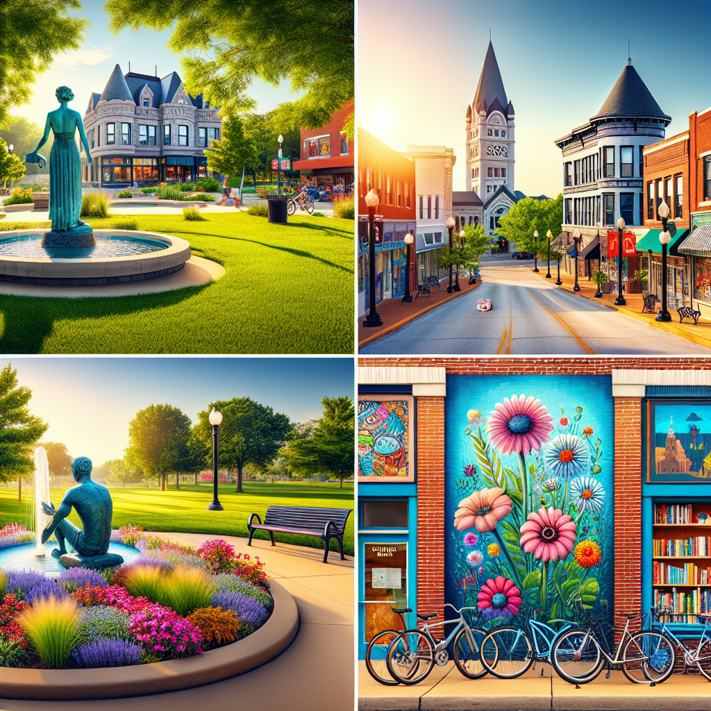 A picturesque, vibrant scene in St. John, Missouri, during summer. The image presents an array of appealing city features - tranquil parks with verdant grass and beautiful, vibrant flowers. There's a statue of a local historic figure in the park with a water fountain nearby. There's a small, unique, bookstore facade in a charming historic building. Soft sunshine on a public mural vibrant with color. Also include St. John's iconic city hall with its traditional architectural style, and the city's public library with plenty of bikes parked in front. Everything is set under a clear blue sky.