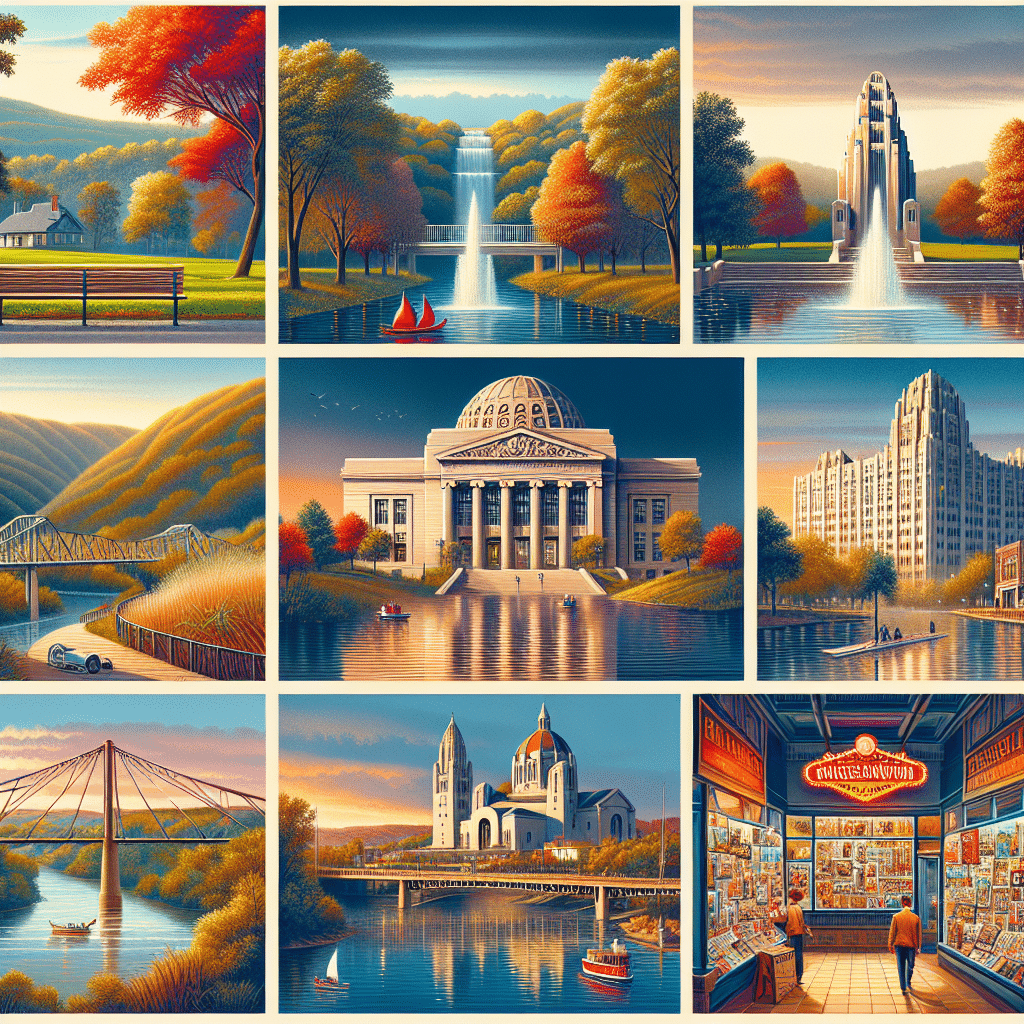 An image depicting various interesting activities one could do in St. Joseph, Missouri without inclusion of people or text. The image could be represented by a montage of scenes including a peaceful park laden with autumn leaves, a magnificent architectural structure that signifies the rich history of the place, an imposing museum with an art deco design, a graceful bridge crossing a serene river, and vibrant local shops displaying myriad artifacts. The regions' natural beauty should be emphasized by inclusion of rolling hills in the background, native trees, and glimmering water bodies in the foreground. Avoid including brand names and logos.