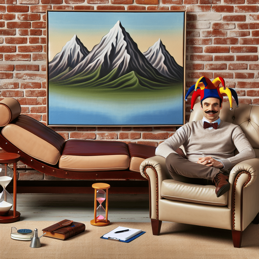 A humorous scene, void of all people, that would be typically found in a therapist's office. Objects present might include a traditional Freudian couch with no one sitting on it, a notepad with a pen lying next to it, a gentle simmering sand timer, a mountain-themed calming painting hung on the brick wall, a jester hat on the armrest of the couch, and a joy buzzer on the therapist's chair. An overall light-hearted atmosphere, merging the whimsical elements with a professional setting. All items are unbranded and generic, with no text visible anywhere.
