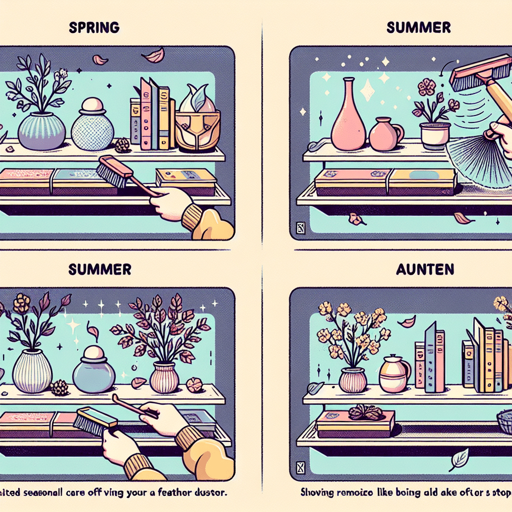An illustration showing detailed seasonal care tips for floating shelves. The image is a sequence of four panels, each representing a different season. In the 'Spring' panel, depict a shelf being dusted off, perhaps using a feather duster. In the 'Summer' panel, show the shelf holding light items like vases and potted plants. In the 'Autumn' panel, illustrate the shelf being reorganized, with items being stored or removed. In the 'Winter' panel, the shelf holds heavier items like books and small sculptures. Ensure none of the items have visible text. Do not include any human figures in the image.