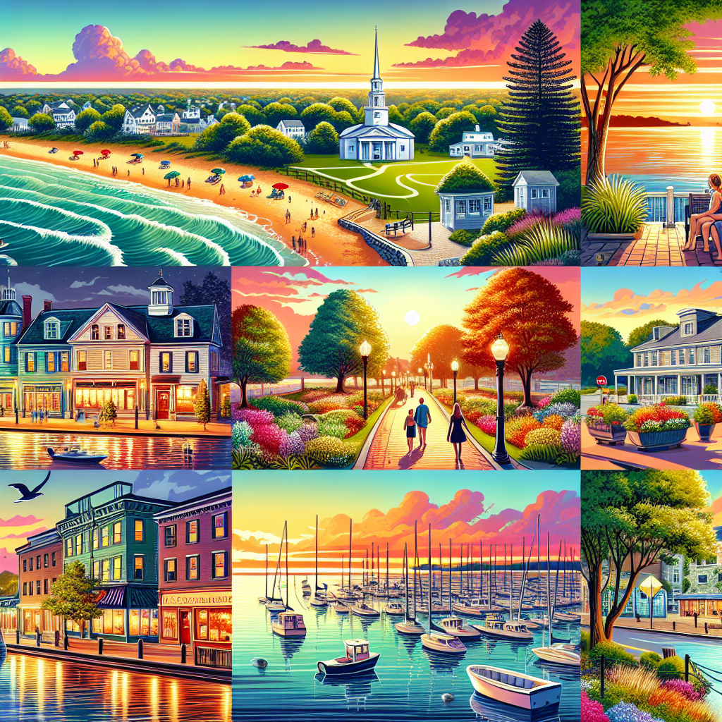 A beautiful and vibrant illustration displaying the various attractions and locations of Westerly, Rhode Island. The image should depict the coastal town with full realism: A peaceful beach with gentle ocean waves lapping against the sand; a beautiful park with trees in full bloom; some notable architectural structures indicative of the historical charm of the town. Then, show a serene sunset over a bustling marina, with boats floating gently on the calm waters. Lastly, add a lively main street filled with small, generic, and unbranded shops, cafes, and restaurants. Remember, no people should be included in the scene.