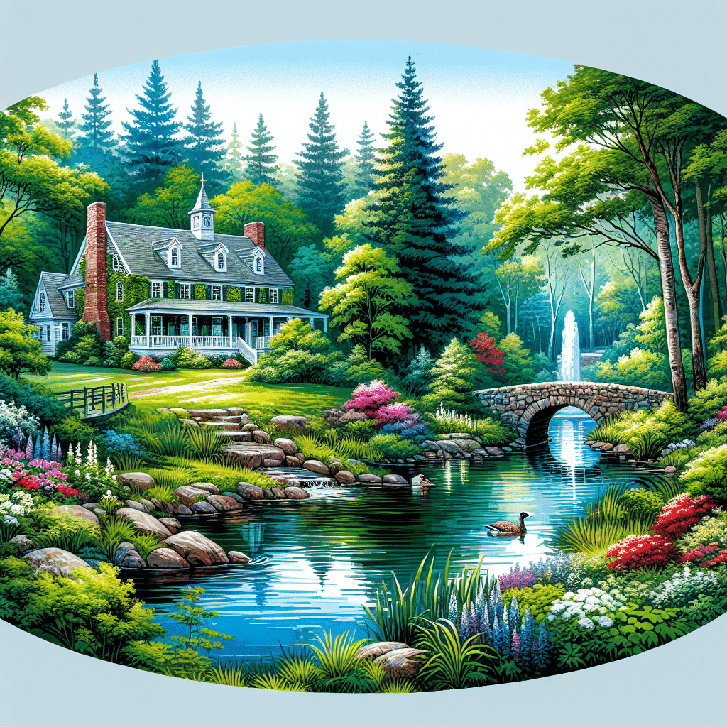 A picturesque view of Freetown, Massachusetts without any people, text, or logos. Show beautiful landscapes like the Freetown State Forest filled with dense trees and a sparkling pond, surrounded by lush green grass. Also, depict historic landmarks with a colonial architecture house, a stone bridge over a bubbling brook, and colorful flower gardens in full bloom. Make sure to capture the tranquil atmosphere of small-town living.