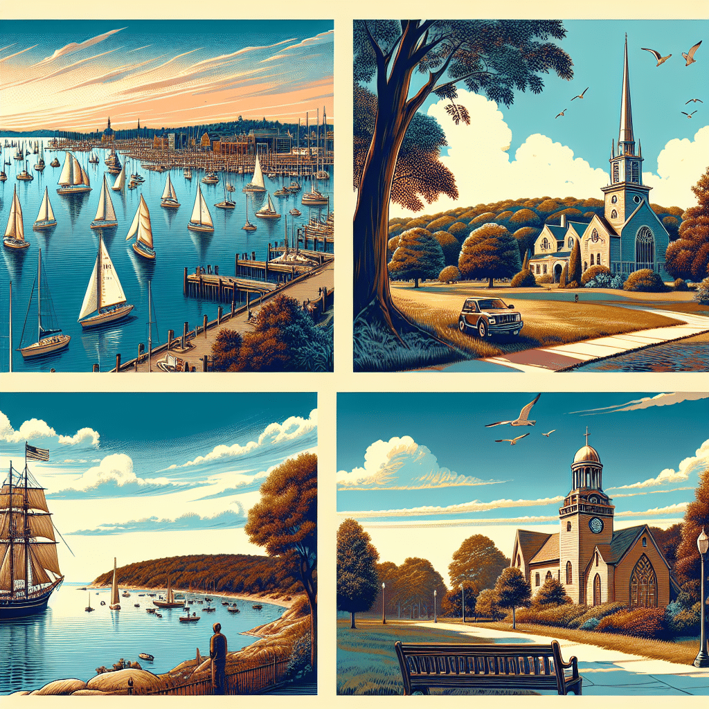 An illustration of landmarks in Hingham, Massachusetts. Depict the Hingham Harbor full with sailboats, under an azure sky. Include a picturesque view of World's End, displaying rolling hills and wooded paths that lead towards the sea. Showcase the Old Ship Church, an architecturally significant building with a tall spire under a serene sky. Also, depict the tranquil Bare Cove Park with trees lining the river. All items are bereft of any identifiable markings or logos. Not a single individual is present in the scenes.