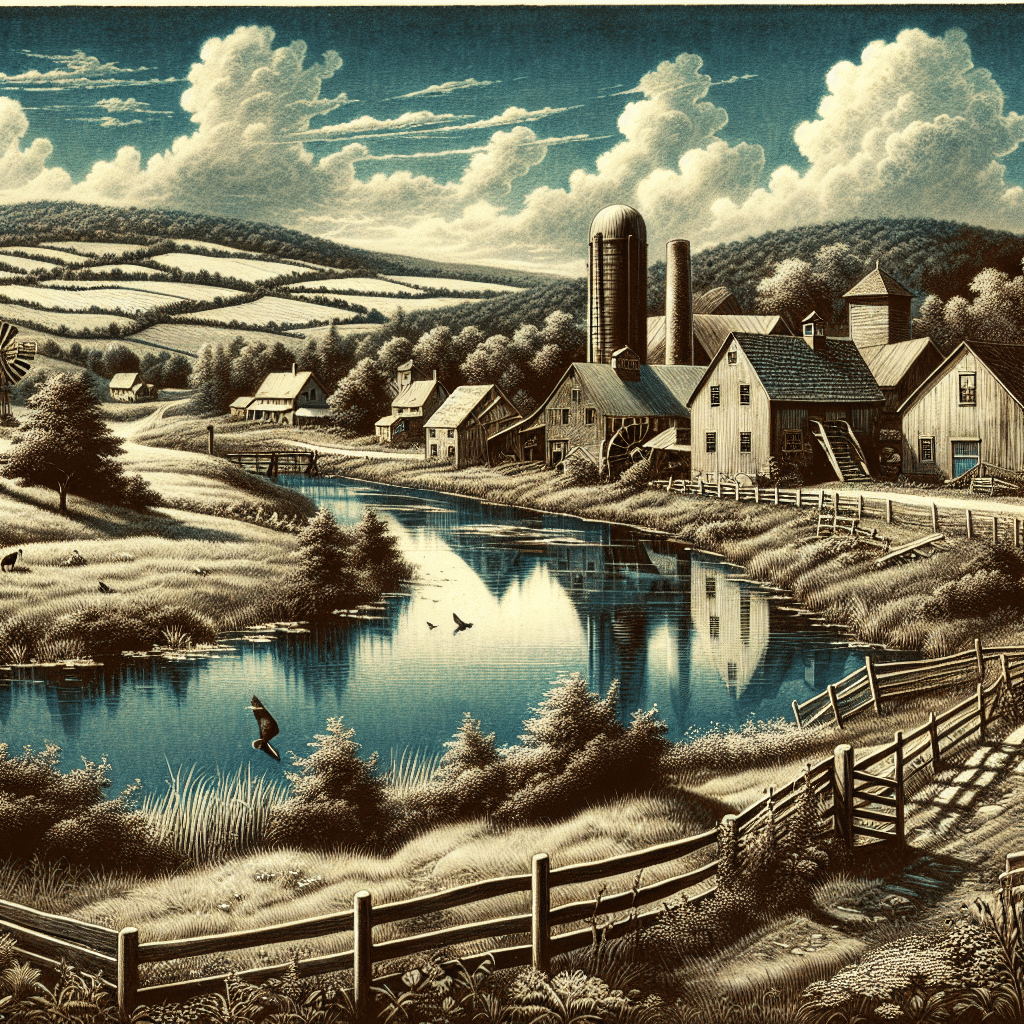 A picturesque scene in Millbury, Massachusetts, void of human presence. Show the rolling hills and lush greenery typical of the area. Pictorize a clear blue sky overhead with fluffy white clouds scattered about. Display a body of water reflecting the sky and surroundings, symbolizing the Blackstone River running through the town. Include a rustic wooden fence, rural structures like a grist mill or barn, but no recognizable brand names or logos. Add a bird in flight to denote life, yet ensuring there are no people in the picture.
