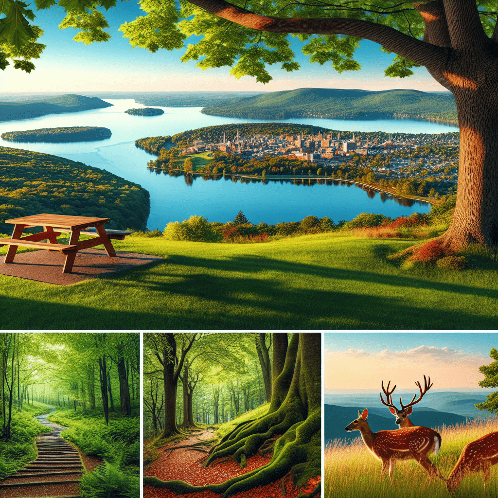 A beautiful landscape of Bethany, Connecticut without any people. Picture a vibrant green park with a wooden picnic bench under the shade of large maple trees. In the background, there's a shimmering lake reflecting the clear, sunny sky. Next, illustrate a series of hiking trails spiraling up a mountain revealing a breathtaking view of the city from the top. Finally, include gentle herds of deer grazing in the grasslands. Make sure no text, brand names or logos are present in the image.