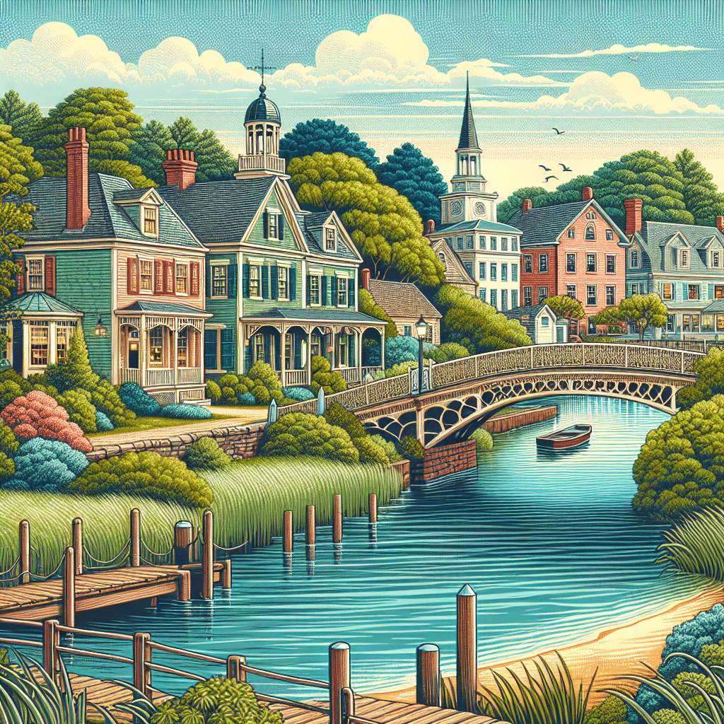 Illustrate a picturesque scenery representing Old Lyme, Connecticut. Compose the scene with quintessential elements of this charming town without any human being. Focus on the natural beauty with lush greenery, a calm river flowing beneath an ornamental bridge. The vintage architectural charm is to be conveyed through quaint homes painted in pastel colors having wooden shutters and chimneys. The sky is filled with fluffy clouds and on the outskirts is a sandy beach with a majestic lighthouse to emphasize the coastal aspect of the town. Ensure no text or brand logos appear within the image.