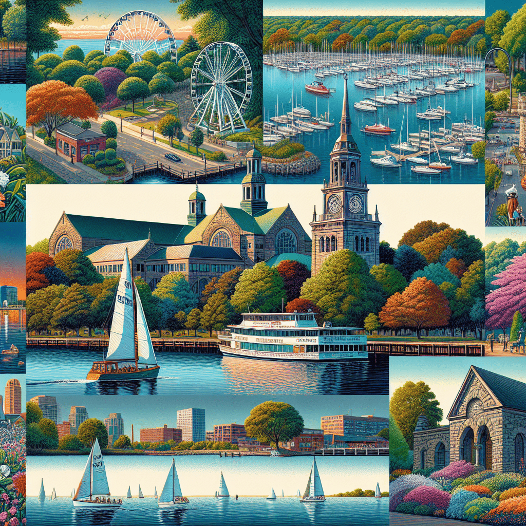 A collage of iconic attractions in Stamford, Connecticut, represented vibrantly. Include the remarkable Stamford Museum & Nature Center, hidden in lush greenery, alongside the Ferris Wheel at Mill River Park, standing tall against the clear sky. A serene shot of Stamford's Harbor Point waterfront with sailboats can be seen, along with a picturesque view of the Bartlett Arboretum & Gardens showcasing various flowers and trees. Incorporate illustrations of Stamford Downtown's bustling cityscape and the historic First Presbyterian Church. Remember not to include people, text, brand names or logos in this visual overview of Stamford.
