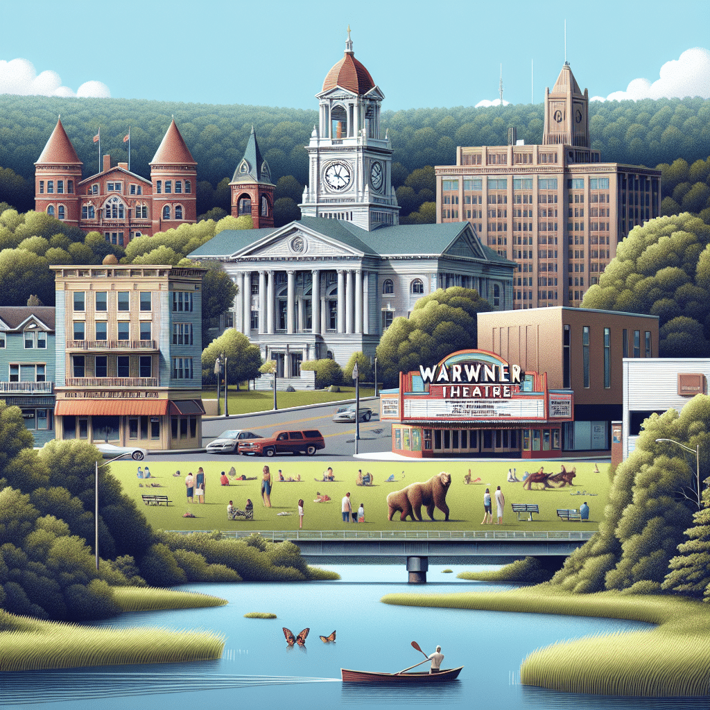 An image representing popular activities in Torrington, Connecticut, without featuring any people or brand names. The scene includes distinct local landmarks such as the clock tower of city hall, an abstract view of Coe Memorial Park in summer, and the Warner Theatre displayed subtly without any text. In the background, there's a glimpse of the Naugatuck River flowing serenely, indicating nature-oriented pastimes. The setting takes place in daylight, showcasing the vibrant, rural charm of the city.