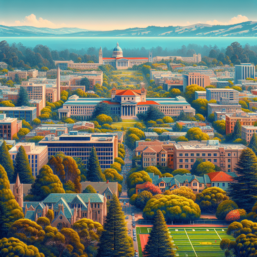 A picturesque view of Berkeley, California, showing its key features and attractions without any humans, text, brand names, or logos. Show the vibrant greenery of its parks, wide-ranging architecture of various buildings, and add a glimpse of the stunning University of California, Berkeley, campus. The sky should be clear with a pleasant bluish hue, reflecting the charm and tranquility of Berkeley.