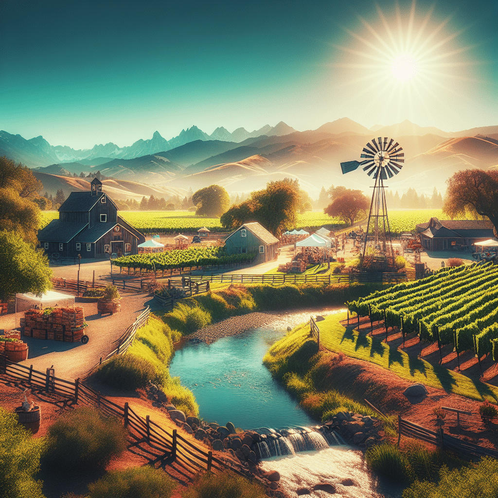 An idyllic image of Ceres, California. Capture a lush vineyard under a bright blue sky and the sun lightly shining, with a traditional windmill off to the side. The scene is further beautified by a little creek flowing through the land and the silhouette of the majestic Sierra Nevada Mountains in the distance. Include several distinct landmarks like a country fair, a serene park and a communal farmer's market with stacks of locally grown fruits and vegetables but devoid of any human presence. Make sure there are no text, brand names or logos in the entire composition.