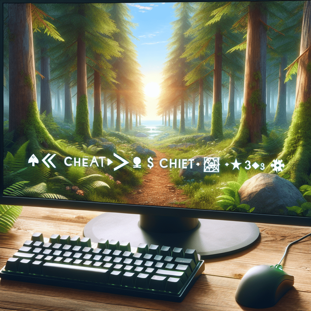 An image of a forest setting on a computer screen, with keyboard and mouse hinting at gameplay. The scene features beautiful lush trees with various shades of green, a clear sky with the sun shining bright, and a soft, serene trail leading further into the forest. To signify cheat codes, incorporate hidden symbols, such as arrows, stars, moons embedded within the forest environment (tree bark, stones, leaves etc.) but without any explicit text or branding. The overall ambience should evoke a sense of adventure, mystique and exploration.