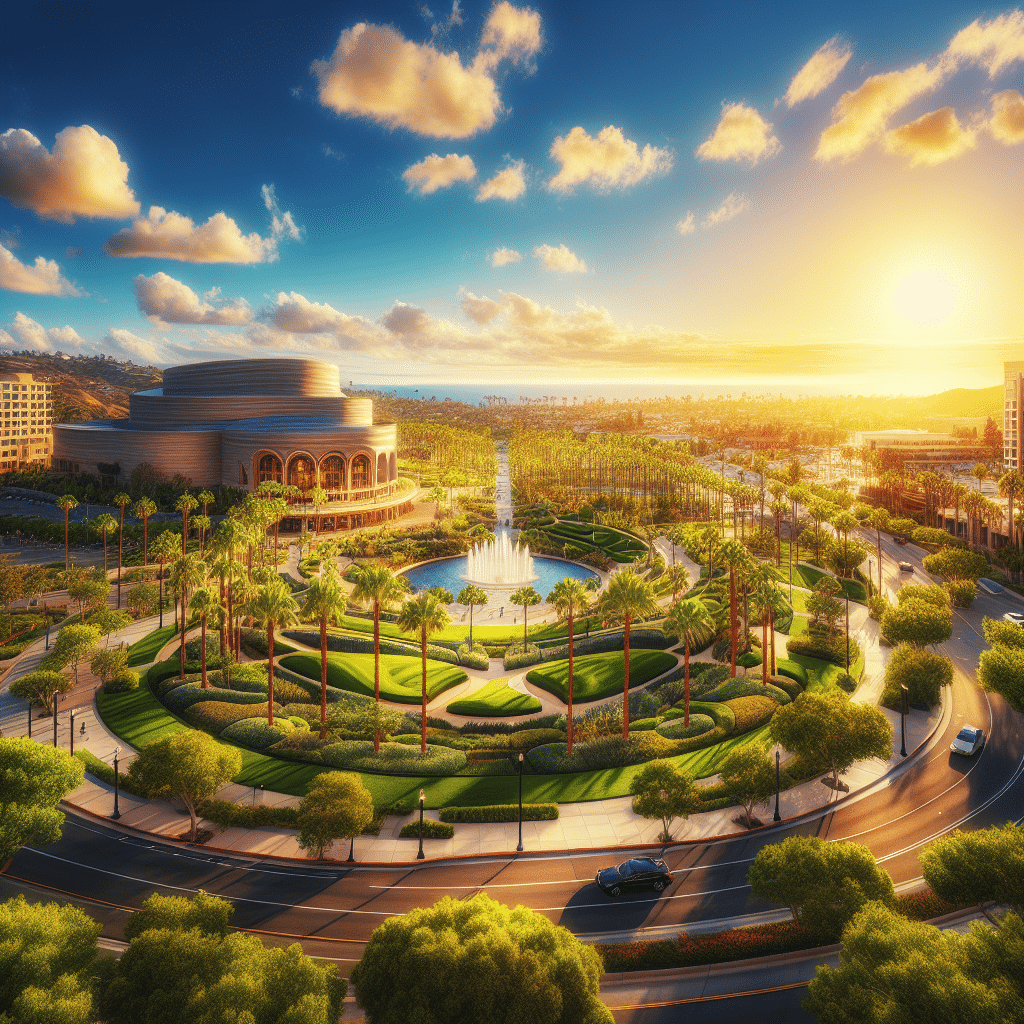 A sunny, picturesque scene in Costa Mesa, California. The image showcases a park with lush greenery and tree-lined pathways. In the center, a beautiful fountain adds charm to the scenery. Overlooking the park is a tall, modern-looking theater with smooth, curvy architecture but without any sign or text. The bright blue sky hugs the cityscape with patches of white clouds. The bustling city life is portrayed through cars moving on a distant highway without any brand logos. A bright yellow sun setting behind the hills in the backdrop concludes the wonderful panorama.