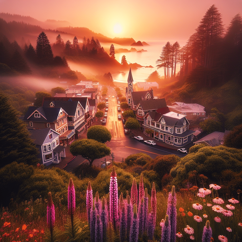 A tranquil imagery capturing the essence of the quaint town of Ferndale, California, sans any human figures. Foresee the heart of the town with its unique Victorian architecture, adorable local shops devoid of brand markings, and peaceful countryside ambience. Capture the charm of the Redwoods, dense and towering, in the outskirts of the town, splattered with an array of wildflowers of different hues. Also, portray a scenic view of the Lost Coast, with its rugged, untouched beaches and soft ocean waves under a gleaming sunset.
