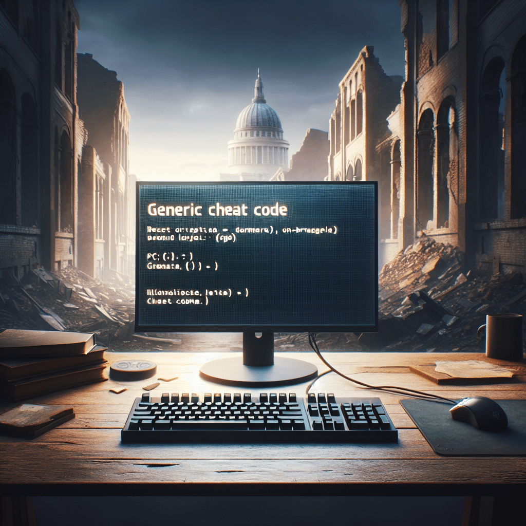 Retrieve an image that symbolizes the concept of cheat codes in the game Metro Exodus, staged within an urban ruin setting associated with the game. Visualize a generic computer setup hinting the PC platform preference, comprising of a non-branded keyboard, mouse and screen. Illuminate part of the screen with a generic cheat code command, however, make sure no physical text is visible. Convey the atmosphere of gaming and exploration, yet ensure there are absolutely no individuals, brand names or logos in the frame.