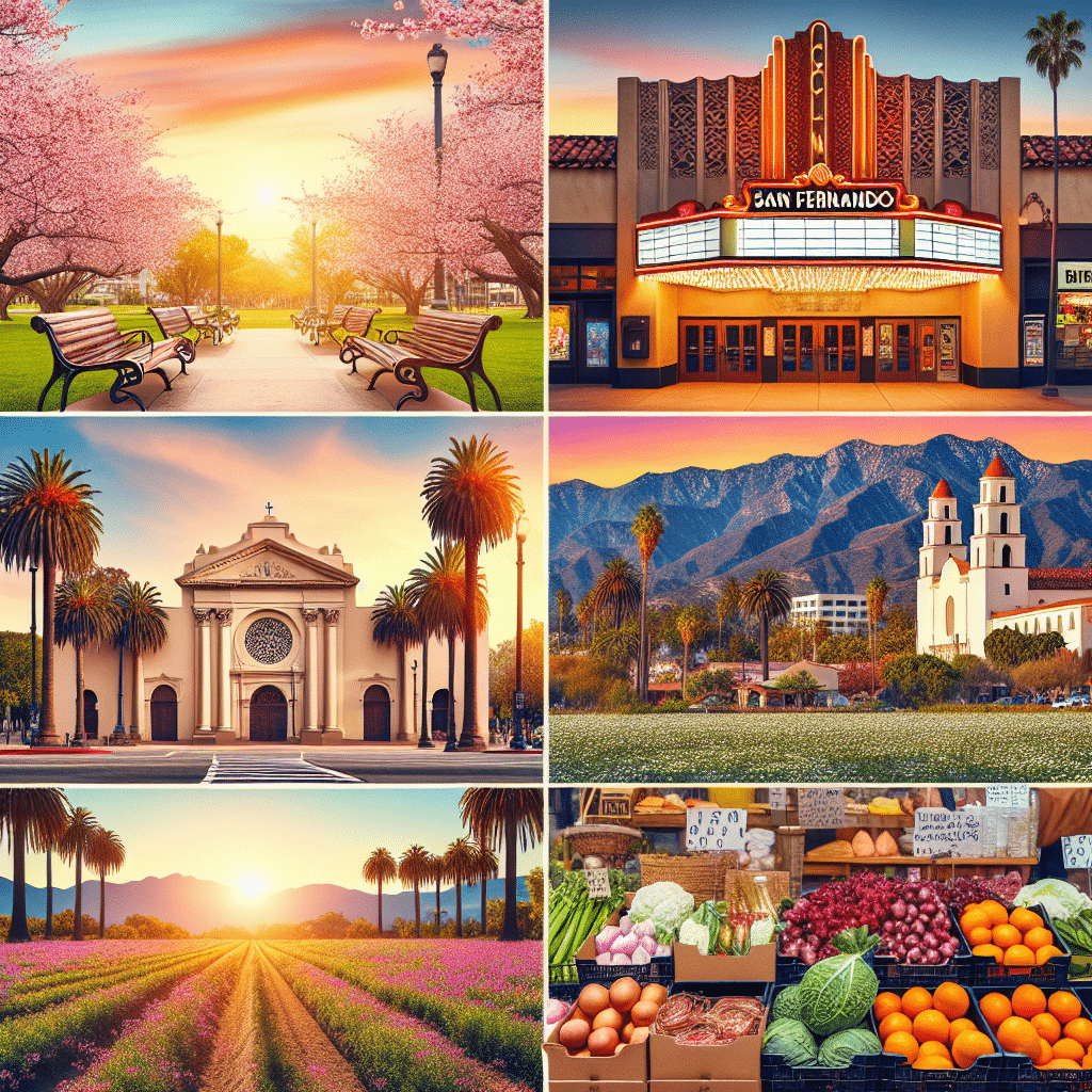 An image showcasing some activities to do in San Fernando, California without people or text. The scene features iconic attractions like a sunny city park filled with Cherry Blossom trees, a vintage movie theater with its marquee blank, a Spanish mission style building representing the local architecture, and organic farmers' market filled with rows of fresh produce. In the background, palm trees line a vibrant sunset sky, with the San Gabriel Mountains behind them. All these elements are devoid of brand names, logos, or any form of text.