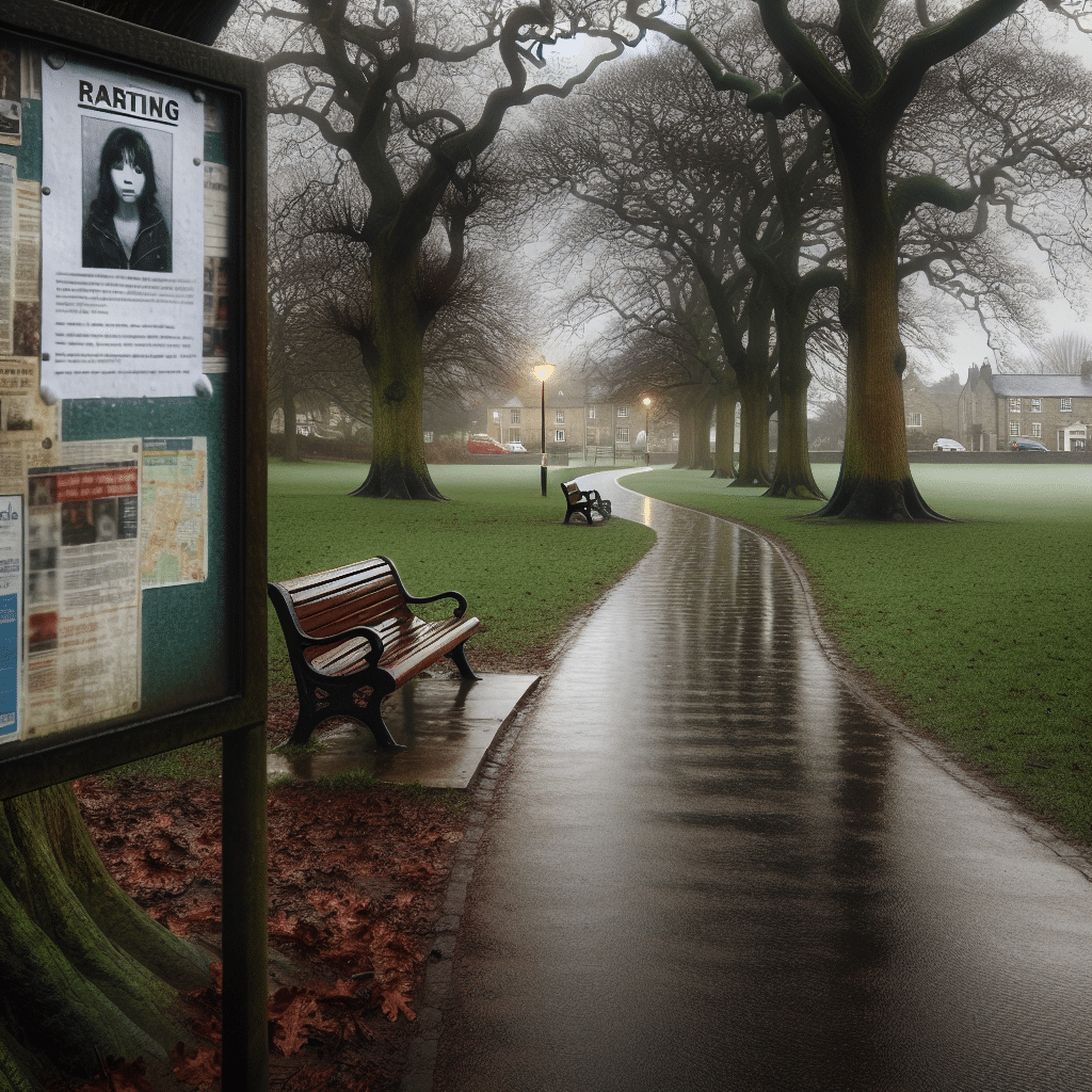 A grey, overcast sky over an empty park in the small town of Taunton, with old oak trees lining a winding path. Rain has left the grass glistening with drops and the path, wet and shiny. Park benches are vacant, hinting at the sense of urgency and desolation. A solitary street lamp is visible, still shining during the day, signaling an ongoing search. The focus is on the printed photo of an unidentified woman on a bulletin board by the entrance of the park, but no actual person is visible in the open field.