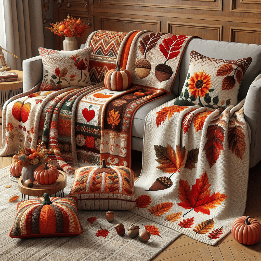 Imagine a cozy and warm living room decorated in a fall theme. There are various throw blankets on different seats, each distinctly fall-themed. One blanket features patterns of autumn leaves in vibrant shades of red, orange, yellow, and brown. Another one exhibits the design of pumpkins, while a third one carries the motifs of acorns and pine cones. All these blankets are knitted and have a soft, plush texture. The room's decor accents these blankets, with pumpkins, fruits and leaves arrangement on the coffee table. Note, no people, text, brand names or logos should be visible.