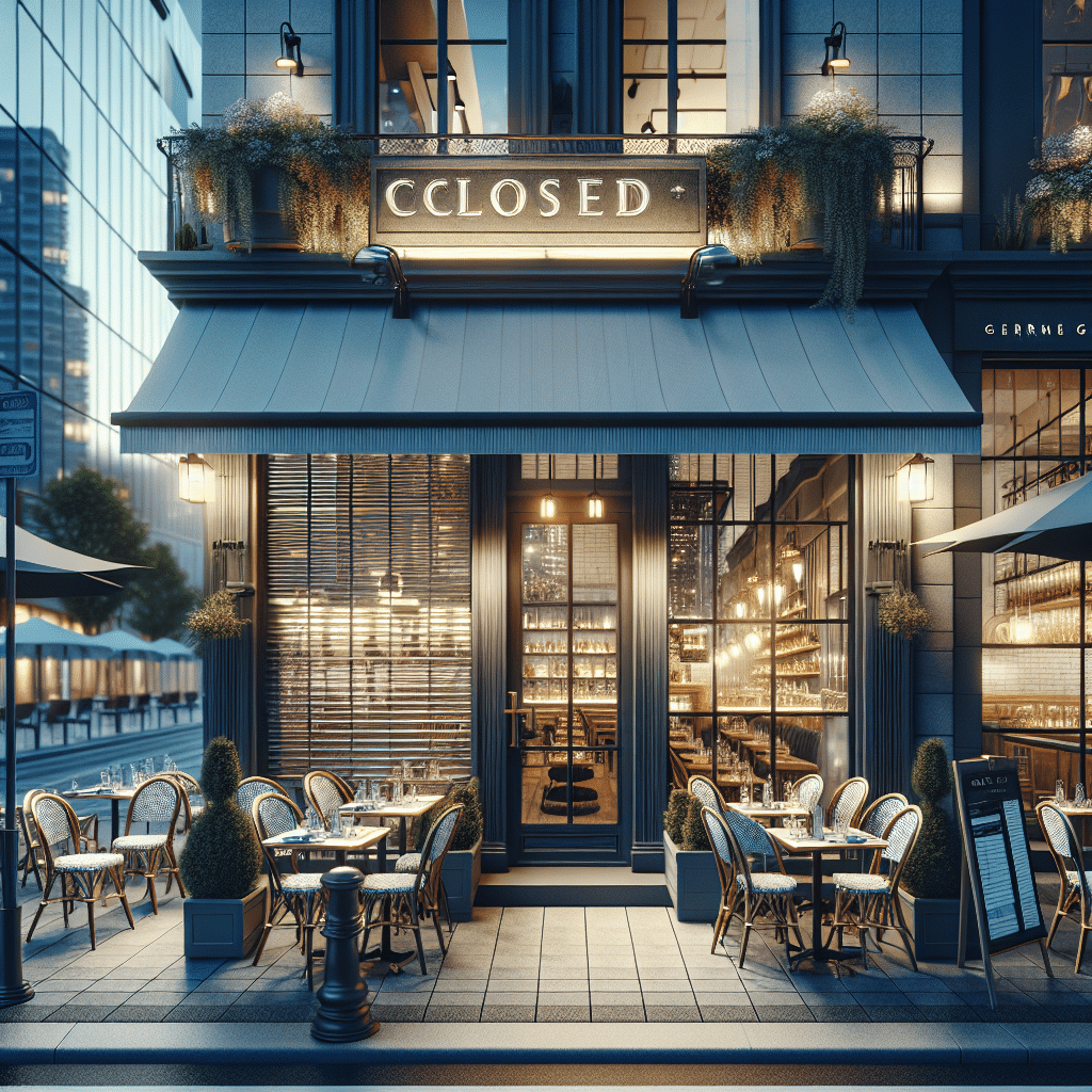 A visually compelling image depicting the concept of a closed restaurant. Shown from the exterior, the setting is a modern cityscape during the evening. The restaurant is distinguishably gourmet, reflected in its ambient, atmospheric lighting and chic architectural design - think French cafes with pulled down shutters. Attention has been given to detail such as outdoor tables and chairs stacked neatly, plant decorations partly covered and no presence of customers or staff. There's a small 'Closed' sign hanging on the door. No brand names, logos or text are visible in the image.