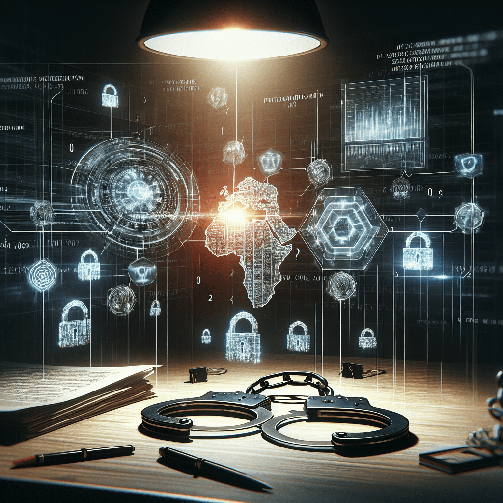 A visual representation of an article with the theme of law and crime, devoid of any textual information and brands. The scene displays a set of handcuffs on a desk, illuminated under the harsh glow of an overhead light. Hovering in the air, an encrypted digital screen portrays digital codes and charts, suggesting advanced technology used in perpetrating fraud. A breached barrier or line symbolizes violation. A distinct absence of human presence fills the scene.