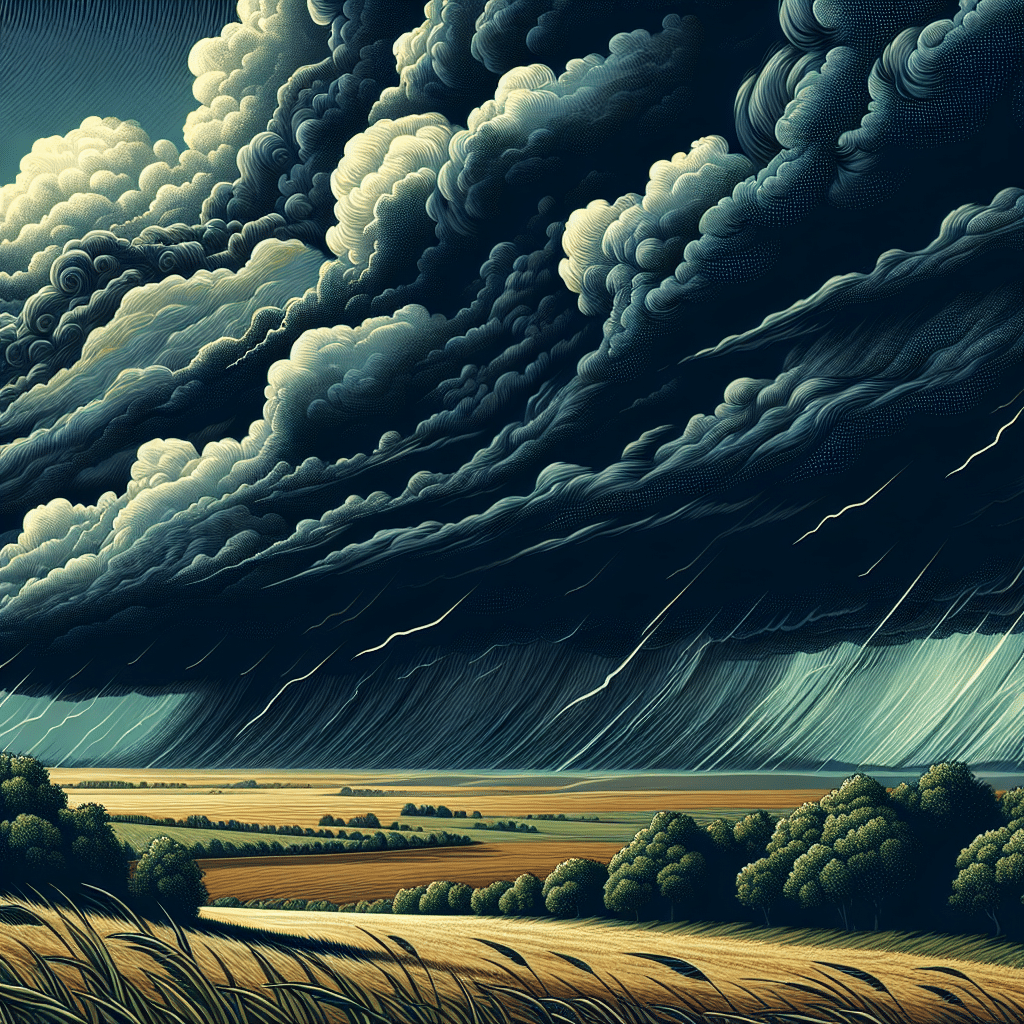 A vivid and illustrative depiction of an impending stormy evening. The image should convey a dark, cloudy sky that stretches across the horizon, with the imminent threat of a downpour. Gray clouds should be rolling ominously, appearing heavy with rain. Gusts of wind can be suggested by bending trees and swirling leaves. The landscape could comprise of open fields or hilly terrain but is devoid of human presence or civilization. No text or brand names are to be found in any part of the image.