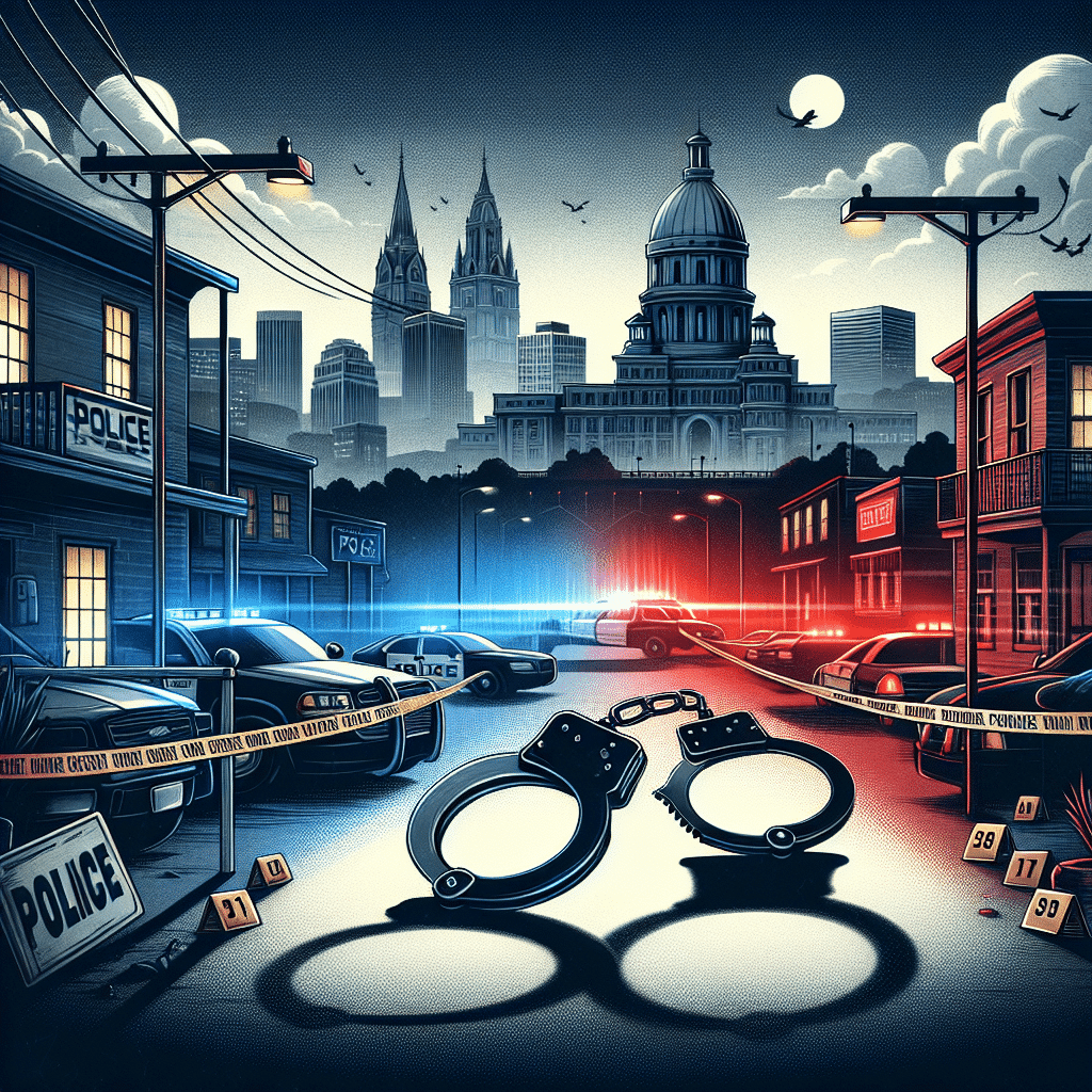 An illustrative image representing an urban scene. On the left, there's a dimly-lit police station with blue and red lights flickering. To the right, a crime scene tape surrounding an area. In the forefront, an empty set of handcuffs symbolizing the apprehension of a suspect. In the background, the silhouette of the city of Providence under a cloudy sky, hinting at the location. The overall mood of the image is somber and serious, reflecting the gravity of the crime described. No humans, identifiable buildings, brands or logos are present in this picture.