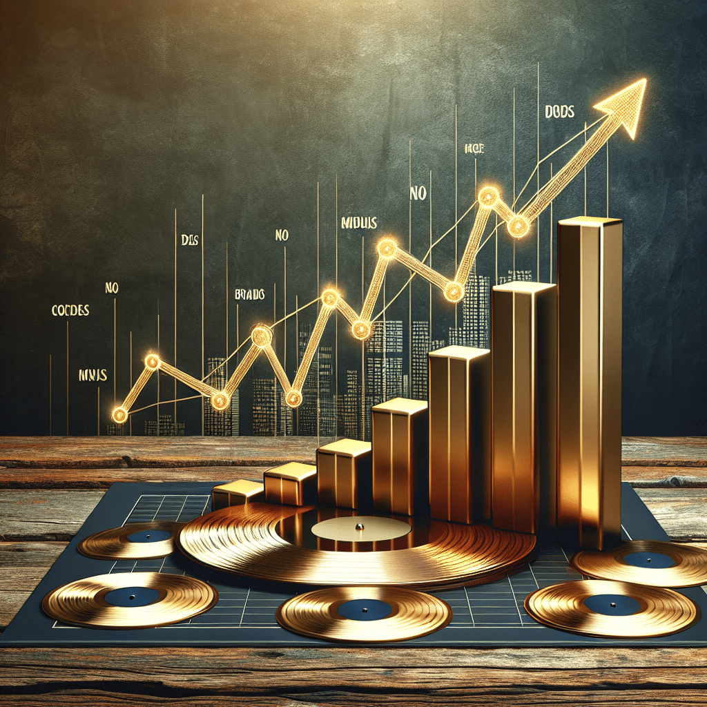 A stylized graph that shows a significant increase, representing the growth of a successful music career, sitting on top of a rustic wooden table. Next to the graph, there are several gold record discs, symbolizing musical achievement. In the background, there's a city status which communicates success. No text, no people, no brands, or logos are present anywhere in the image. Steer clear from direct or indirect references to real-world musicians, ensuring an abstract representation of success in the music industry.