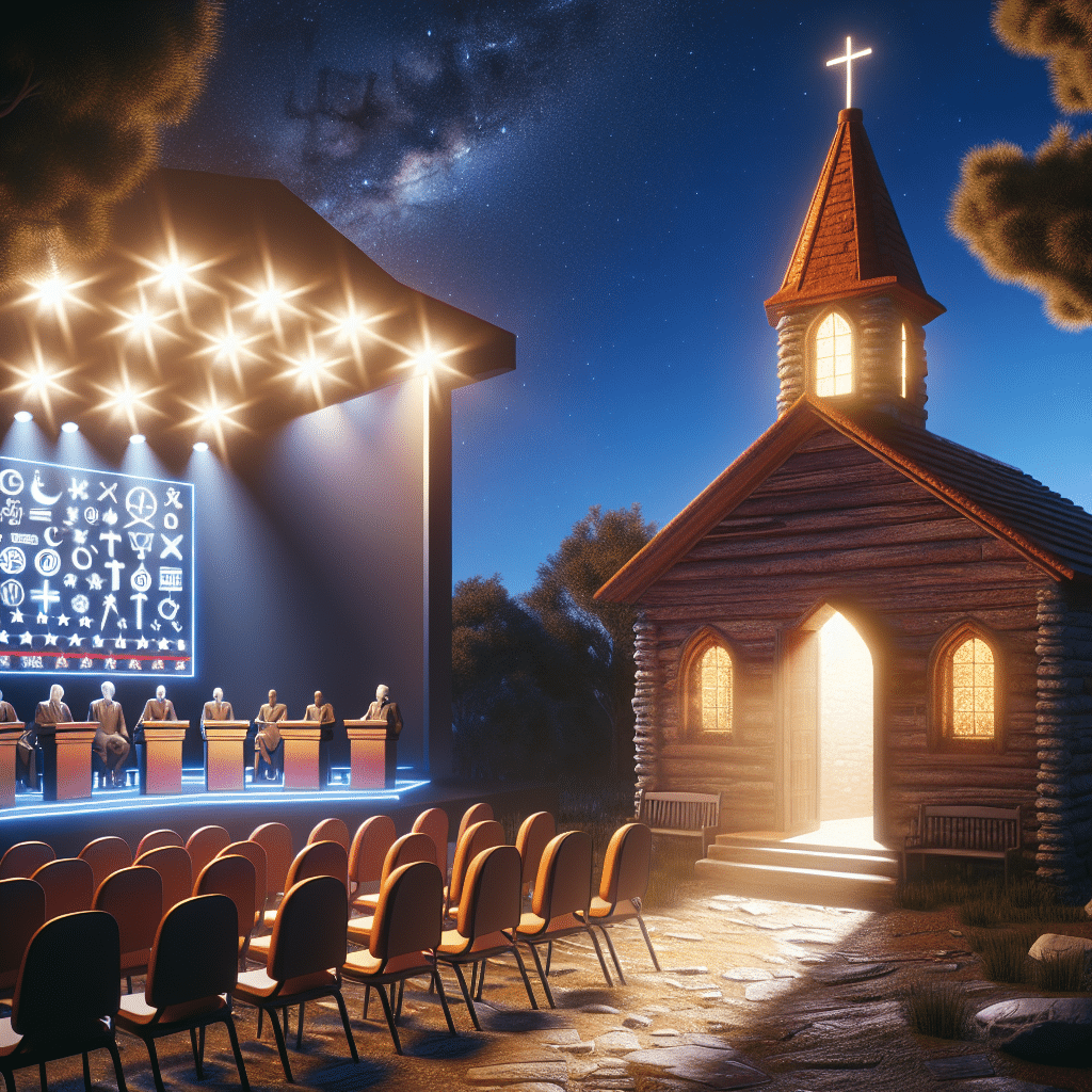 A scene that implies political and religious discussion without humans or specific figures. There could be a rendering of a political debate stage under shining spotlights without any people, chairs are present but empty. There could be a plethora of symbols indicative of various political ideologies but not tied to any specific person or organization. Next to this, an old, serene chapel in twilight with glowing, warm lights inside. It seems to be in the middle of nowhere, surrounded by trees under a clear starry sky, representing solitude, faith and religious beliefs. No specific religious symbols or texts are shown.