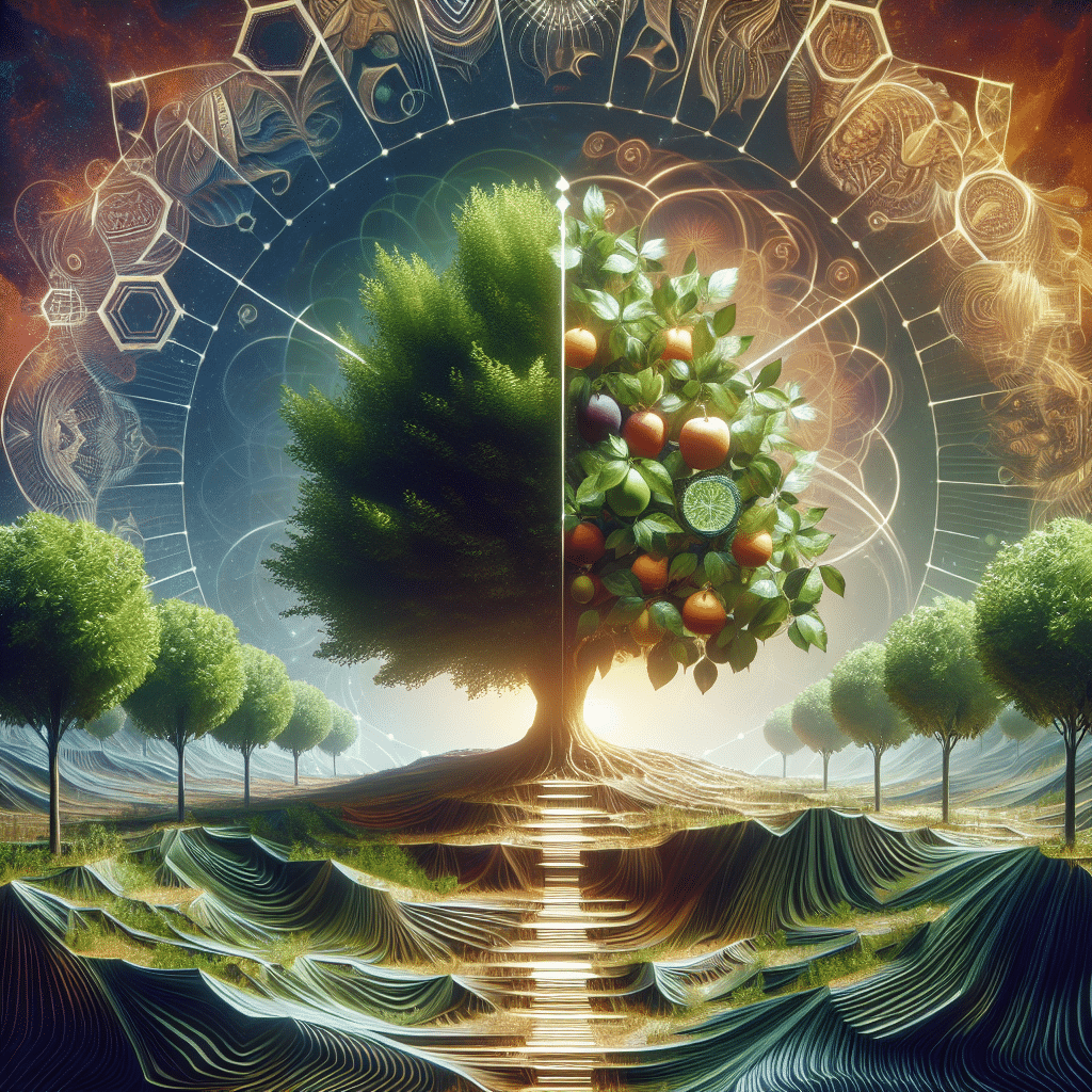 An immersive depiction of a symbolic personal transformation journey, encompassing a trimmed, leafy tree signifying weight loss, and a rich, healthy fruit-bearing plant representing wealth expansion. This image is filled with an atmosphere of resilience and perseverance, but void of any human presence, text, brand names or logos, adhering to the requested parameters of the concept.