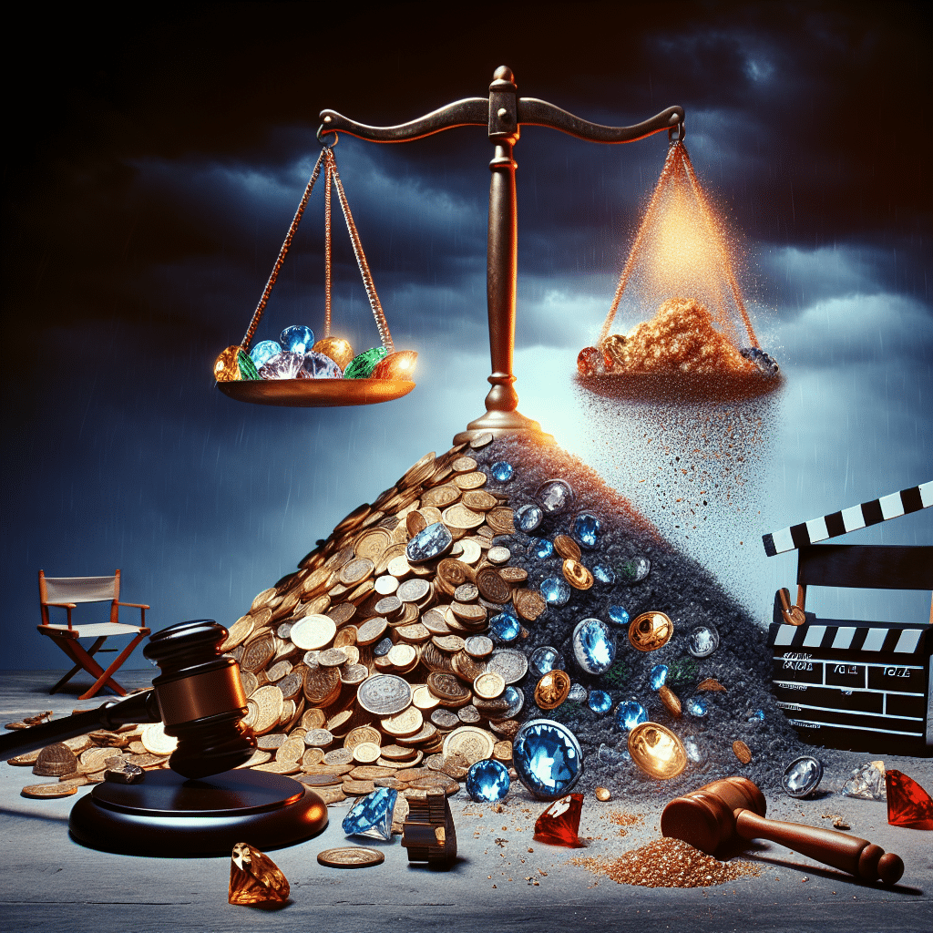 A symbolic representation of a person's net worth affected by misconduct allegations. The image showcases a mountain of gold coins and gems slowly disintegrating into dust, suggesting a loss in wealth. A balance scale is tipping towards a gavel, indicating the impact of legal proceedings. An empty director's chair, clapperboard, and a movie reel are positioned nearby, suggesting a connection to the film industry. The background is of a dark stormy sky, evocatively setting the mood.