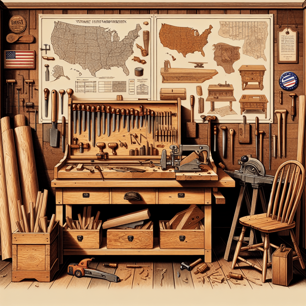 An illustration of a vintage woodworking workshop without any human figures. The interior includes a workbench with traditional woodworking tools such as a saw, hammers, planers, chisels, and measuring tools. There are also rough cut logs and finished wooden items such as chairs, shelves, and boxes. Hanging on the walls are diagrams and designs of various woodworking projects. Adjacent to the scene is a depiction of political icons such as a generic ballot box and nonpartisan political pins. The image does not contain any text or brand names.