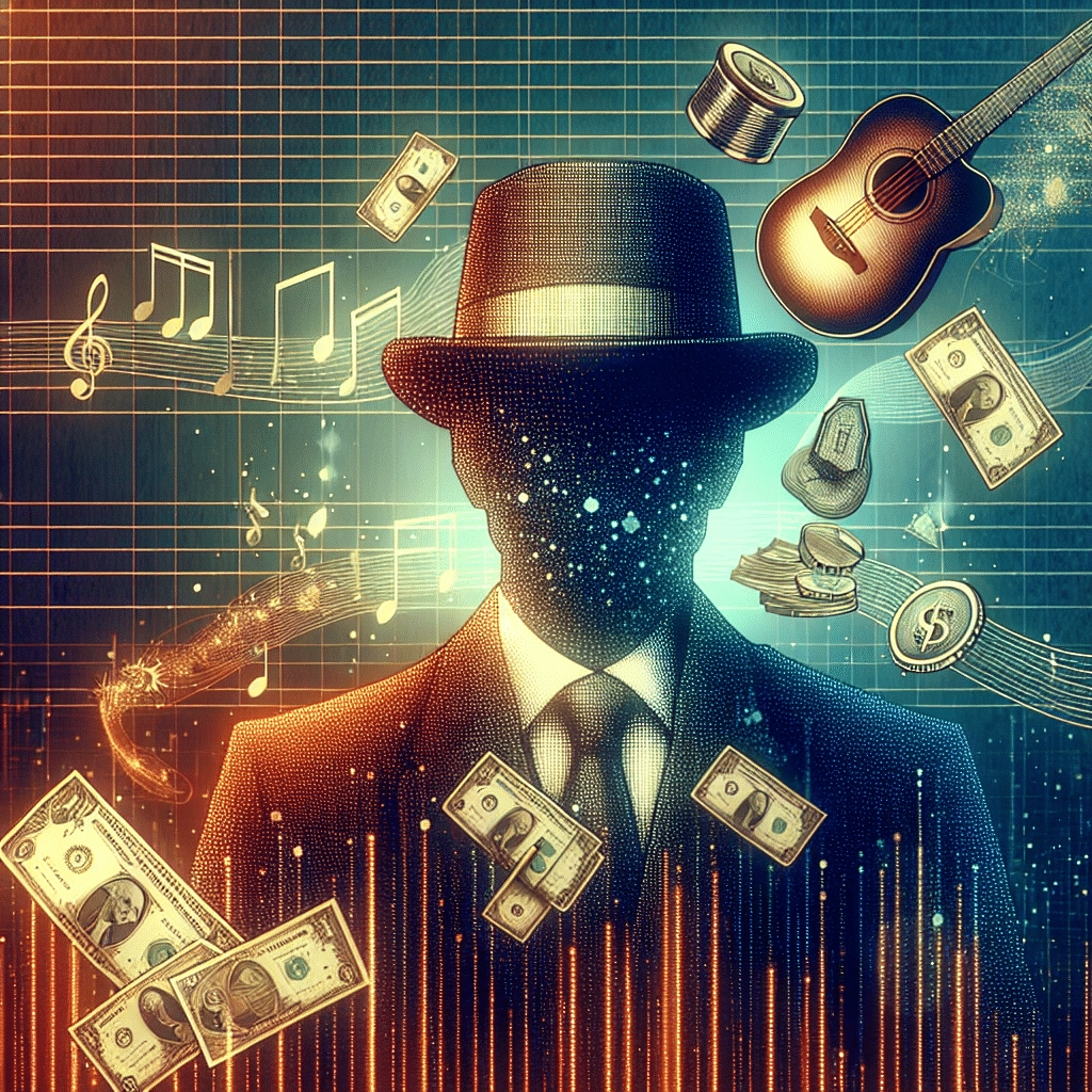 A wealth-themed image involving a representation of an individual who is not physically present in the image. The representation should invoke the idea of being a successful and popular entertainer. There must not be any text or brand names within the image. The image should have a subtle yet noticeable musical nod, perhaps involving an isolated piece of musical equipment, to imply a connection to a successful musician. Ensure that there are no visible people in the image.